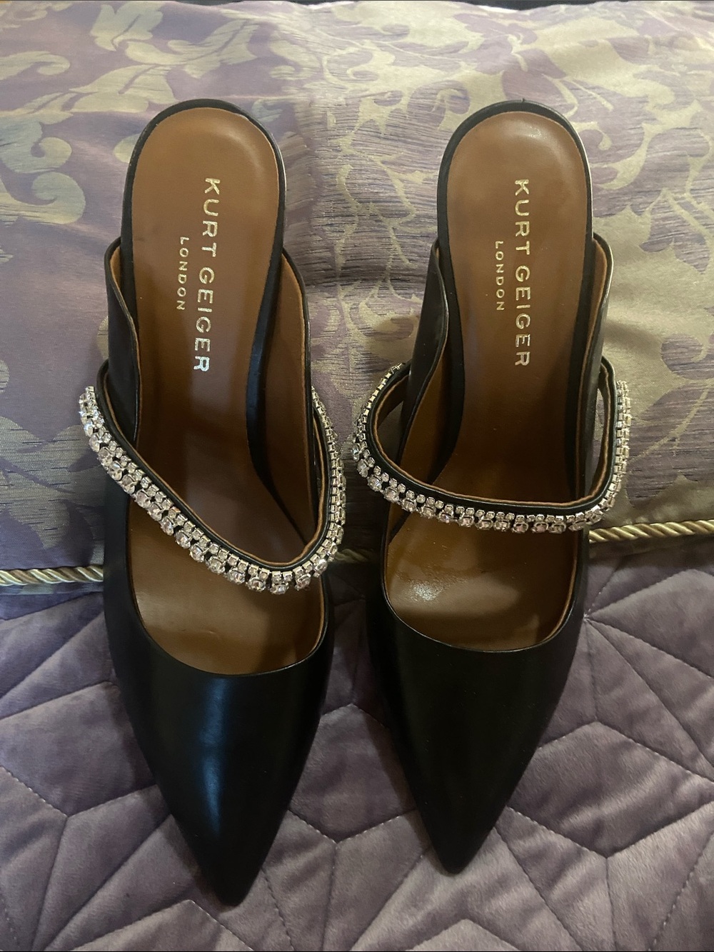 Kurt Geiger Black Pointed-Toe Mules with Crystal Strap
